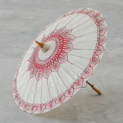 Hand-Painted Bamboo and Paper Parasol - Antique Leaves | NOVICA