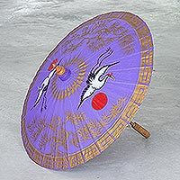 Hand-painted cotton and bamboo parasol, 'Happy Cranes in Purple' - Hand-Painted Purple Crane-Motif Cotton Parasol
