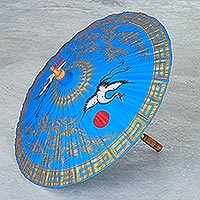 Hand-painted cotton and bamboo parasol, 'Happy Cranes in Light Blue' - Hand-Painted Blue Crane-Motif Cotton Parasol