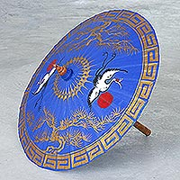 Hand-painted cotton and bamboo parasol, 'Happy Cranes in Blue' - Hand-Painted Bamboo and Cotton Parasol