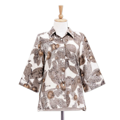 Eco-friendly cotton blouse, 'Ivory Botanicals' - Eco-Friendly Cotton Leaf-Motif Collared Shirt
