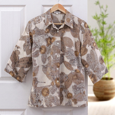 Eco-friendly cotton blouse, 'Ivory Botanicals' - Eco-Friendly Cotton Leaf-Motif Collared Shirt