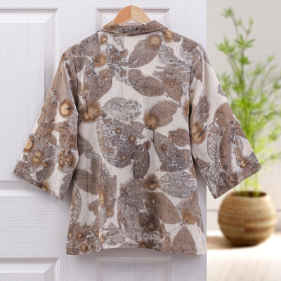 Eco-friendly cotton blouse 'Ivory Botanicals' - Eco-Friendly Cotton Leaf-Motif Collared Shirt