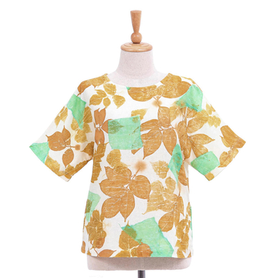 Eco-friendly cotton blouse, 'Botanical Mood' - Thai Botanical Ouke-Printed Cotton Blouse