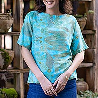 Blusa de algodón ecológica, 'Turquoise Memory' - Blusa de algodón con estampado Thai Ouke