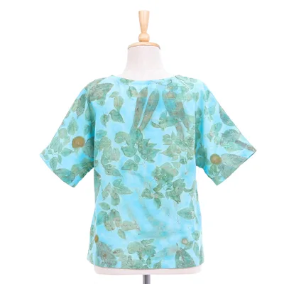 Eco-friendly cotton blouse, 'Turquoise Memory' - Thai Ouke-Printed Cotton Blouse