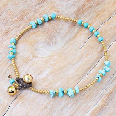 Calcite beaded Anklet, 'Night Walk in Teal' - Calcite and Brass Bell Beaded Anklet