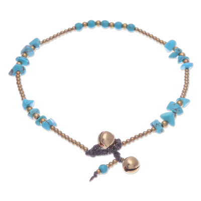 Calcite beaded Anklet, 'Night Walk in Teal' - Calcite and Brass Bell Beaded Anklet