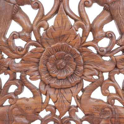 Eco-friendly teak wood relief panel, 'Elephant Quartet' - Reclaimed Teak Wood Elephant Relief Panel