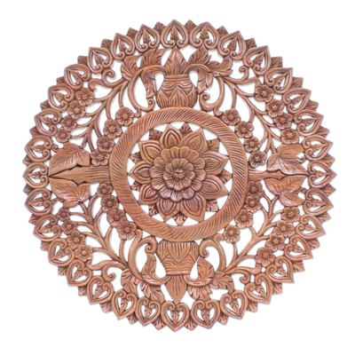Eco-friendly teak wood relief panel, 'Spiraling Lotus' - Reclaimed Teak Wood Lotus Flower Relief Panel