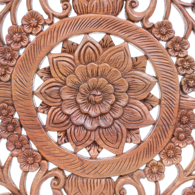 Eco-friendly teak wood relief panel, 'Spiraling Lotus' - Reclaimed Teak Wood Lotus Flower Relief Panel