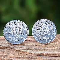 Sterling silver button earrings, 'Around the Bend' - Hand Made Hammered Finish Button Earrings