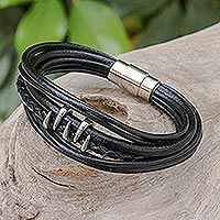 Leather pendant bracelet, 'Fanged in Black' - Hand Made Black Leather Pendant Bracelet