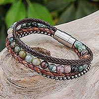 Leather and agate beaded bracelet, 'Natural Hue'