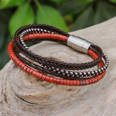Leather and jasper beaded bracelet, 'Southern Holiday' - Thai Leather and Jasper Beaded Bracelet