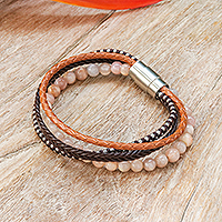Leather and moonstone beaded bracelet, 'Peach Moon'