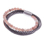 Leather and moonstone beaded bracelet, 'Peach Moon' - Handmade Leather and Moonstone Beaded Bracelet