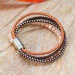 Leather and moonstone beaded bracelet, 'Peach Moon' - Handmade Leather and Moonstone Beaded Bracelet