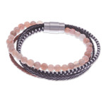 Leather and moonstone beaded bracelet, 'Peach Moon' - Handmade Leather and Moonstone Beaded Bracelet