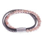 Leather and moonstone beaded bracelet, 'Peach Moon' - Handmade Leather and Moonstone Beaded Bracelet