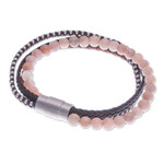 Leather and moonstone beaded bracelet, 'Peach Moon' - Handmade Leather and Moonstone Beaded Bracelet