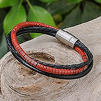 Leather and jasper beaded bracelet, 'Scarlet Moon' - Artisan Crafted Leather and Jasper Beaded Bracelet