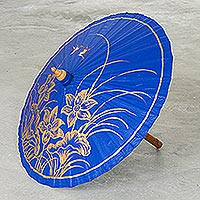 Hand-painted cotton and bamboo parasol, 'Waving in the Water' - Hand-Painted Flower-Motif Cotton Parasol