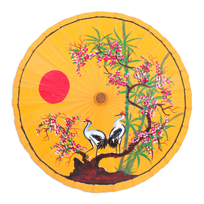 Sombrilla de algodón y bambú pintada a mano - Sombrilla amarilla con motivo de grulla pintada a mano