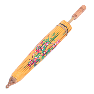 Sombrilla de algodón y bambú pintada a mano - Sombrilla amarilla con motivo de grulla pintada a mano