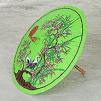 Hand-painted cotton and bamboo parasol, 'Peace Cranes in Green' - Hand-Painted Green Crane-Motif Parasol