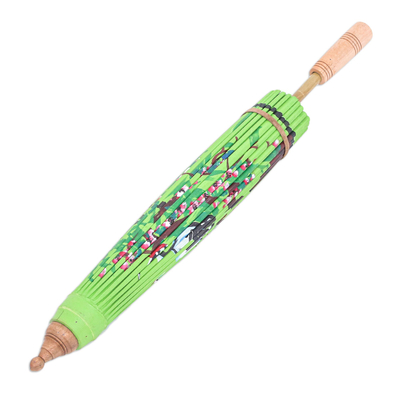 Sombrilla de algodón y bambú pintada a mano - Sombrilla verde con motivo de grulla pintada a mano