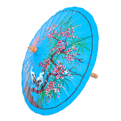 Sombrilla de algodón y bambú pintada a mano - Sombrilla azul con motivo de grulla pintada a mano