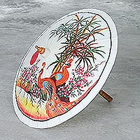 Hand-painted cotton and bamboo parasol, 'Sunset Peacock' - Hand-Painted Peacock-Motif Cotton Parasol