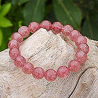 Quartz beaded stretch bracelet, 'Sugar Pill in Strawberry' - Pink Quartz Beaded Stretch Bracelet
