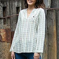 Túnica de algodón, 'Mae Ping Breeze' - Blusa de algodón de rayas verdes