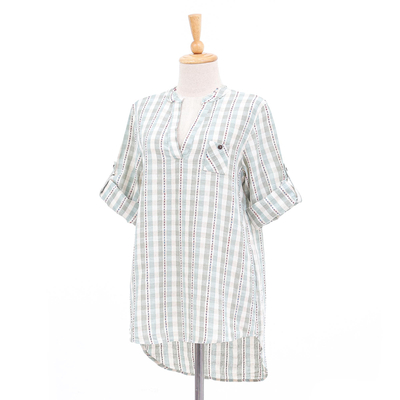 Cotton tunic, 'Mae Ping Breeze' - Green Striped Cotton Blouse