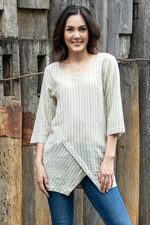 Cotton tunic, 'Noble Stripe in Green' - All Cotton Tunic from Thailand