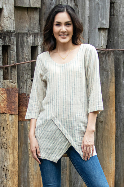 Cotton tunic, 'Noble Stripe in Green' - All Cotton Tunic from Thailand