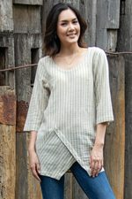 Cotton tunic, 'Noble Stripe in Green' - All Cotton Tunic from Thailand