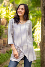 Cotton tunic, 'Noble Lines in Blue' - Artisan Crafted Cotton Tunic