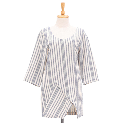 Cotton tunic, 'Noble Lines in Blue' - Artisan Crafted Cotton Tunic