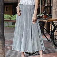 Falda midi de algodón, 'Blue Rain' - Falda de algodón a rayas de Tailandia