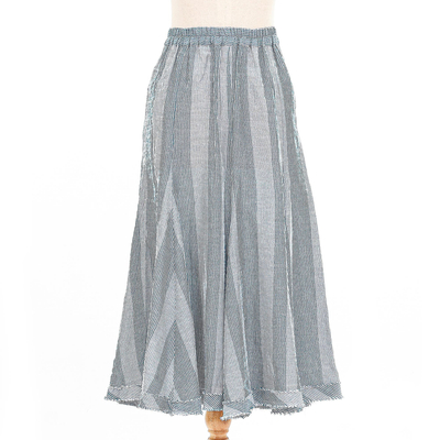 Cotton midi skirt, 'Blue Rain' - Striped Cotton Skirt from Thailand
