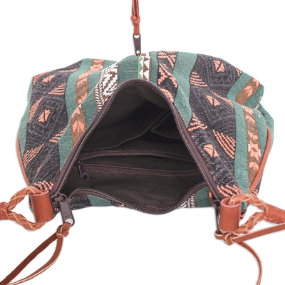 Leather-accented cotton blend sling bag, 'Fabled Land in Green' - Leather-Accented Sling Bag with Geometric Motif