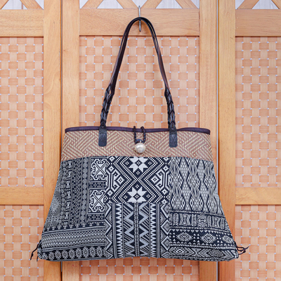 Cotton blend shoulder bag, 'Shopping Day in Black' - Cotton Blend Geometric-Motif Shoulder Bag