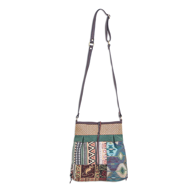 Leather-accented cotton blend sling bag, 'Intermission in Green' - Thai Cotton Patchwork Sling Bag with Leather Strap