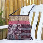 Leather-accented cotton blend sling bag, 'Intermission in Red' - Leather-Accented Patchwork Sling Bag