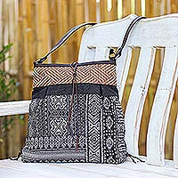 Leather-accented cotton blend sling bag, 'Intermission in Black' - Thai Black and White Cotton Blend Sling Bag