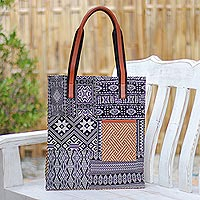Einkaufstasche aus Baumwollmischung, „Happy Day in Black“ – Einkaufstasche aus Baumwollmischung mit geometrischem Motiv