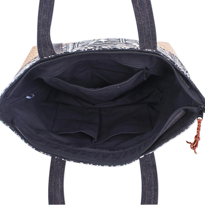 Cotton blend shoulder bag, 'Happy Journey in Black' - Black and White Cotton Blend Shoulder Bag